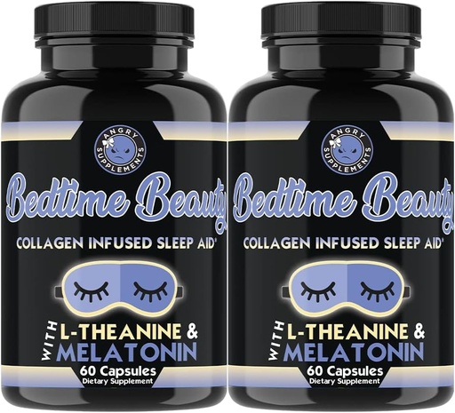 [BRSWYZT3AF5GKYA7] Bedtime Beauty, Collagen Infused Night Time Sleep Aid, All Natural Pills with L-Theanine, Melatonin, Magnesium & Hyaluronic Acid by Angry Supplements (2-Bottles)