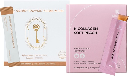 [BRSRAHARCQBA2GY7] The Secret Enzyme Premium 100 (50 Sticks) & K-Collagen Soft Peach Collagen Jelly (30 Sticks) for Digestive Health, Skin Health