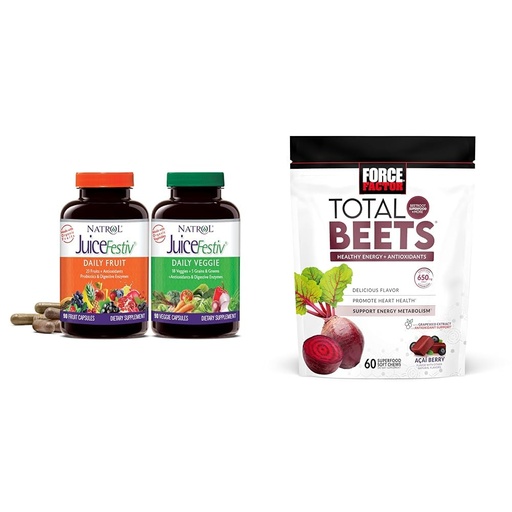 [BRSROAIPDIARO3DV] Natrol JuiceFestiv Daily Fruit & Veggie with SelenoExcell and Whole-Food [Phyto] Nutrients & Force Factor Total Beets Soft Chews with Beetroot, Nitrates, L-Citrulline, Grapeseed Extract