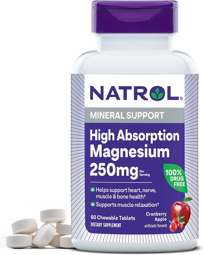 [BRSWIBAHBUMB6EAZ] Natrol Υψηλή Απορρόφηση Μαγνήσιο 250 mg, Συμπλήρωμα διατροφής για την υποστήριξη της καρδιάς, των νεύρων, των μυών και των οστών υγεία, 60 Cranberry Apple-Flavored Μασώμενα δισκία, 30 ημέρες προσφοράς