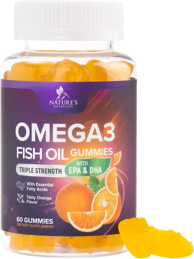 [BRSW2FQ5BAJRUC3F] Omega 3 Fish Oil Gummies - добавка для здоровья сердца Omega 3 Gummy для взрослых и детей с высокой абсорбцией DHA & EPA, поддержка суставов и мозга, вкусные витамины из рыбьего жира из апельсинового аромата, 60 гумми
