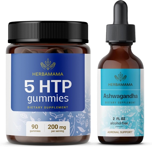 [BRSRAGLQCJYRGFY7] HERBAMAMA 5-HTP og Ashwagandha Kit - Bundle på 200 mg 5-hydroxytryptophan Gummies & Ashwagandha flytende dråper 2 fl oz - Vegan, ikke-GMO, alkohol og gelatinfri - 2 pakke