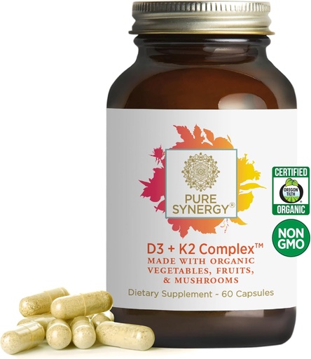 [BRSWYBAYOZ7AOCA4] PURE SYNERGY D3 + K2 Complejo TENIDO Vitamina Vegan D3 K2 Complejo Silencio Orgánica D3 Suplemento con Vitamina K2 y K1 Plus Alimentos Orgánicos Plenarios TENIENTES Apoya Bone, Cerebro y Salud Inmunitaria (60 cápsulas)