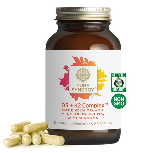 [BRSWYBAYOZ7AOCA4] PURE SYNERGY D3 + K2 Complex | Vegan Vitamin D3 K2 Complex | Organic D3 Supplement with Vitamin K2 and K1 Plus Organic Whole Foods | Supports Bone, Brain, and Immune Health (60 Capsules)