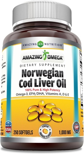 [BRSWIBA5DINROF3U] Amazing Omega Norwegian Cod Liver Oil 1000 Mg Softgels Supplement | Omega-3, EPA, DHA, Vitamin A, D & Vitamin E (Orange | 250 Count)