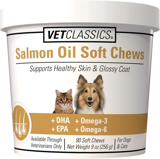 [BRSWGYIPB4BRGCQ7] Vet Classics Salmon Oil Pet Supplement for Healthy Skin, Glosssy Coats - Dog Coat Supplement, Cat Skin Supplement - Omega-3, 6, 9, DHA, EPA - Soft Chews 90 Ct barne.