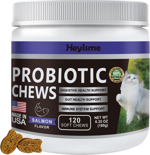 [BRSROAAFOR5G23DU] Cat Probiotic, Chews for Gut and Immune Health, Cats Probiotic Supplement for Cat Digestive Support, Healthy Digestion, Cat Constipation and Diarrhea Relief (Salmon, 120 Chews)