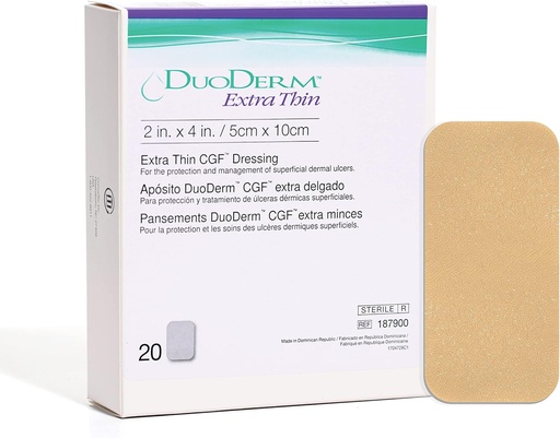 [BRSWIGD6CYCQI2TG] ConvaTec DuoDERM Extra Thin Control Gel Formula 2"x4" Hydrocolloid Sterile Adhesive Dressing for Superficial Wounds, Low Friction, Flexibile, Latex-Free, Waterproof, Rectangle, Beige, 20ct Box
