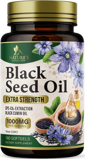 [BRSWYBT5CB6RE2YV] Black Cumin Seed Oil Capsules 1000mg per Serving - Premium Nigella Sativa Blackseed, Pure Natural Black Seed Oil & Antioxidant for Skin & Immune Support - Bottled in USA Supplement - 180 Softgels