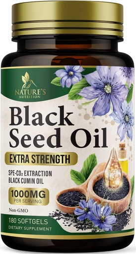 [BRSWYBT5CB6RE2YV] Black Seed Oil Softgels 1000mg - Premium Nigella Sativa Blackseed, Pure Natural Black Cumin Seed Oil & Antiossidante per Skin & Immune Support - Non OGM, Bottigliato in USA Supplement - 180 Softgels