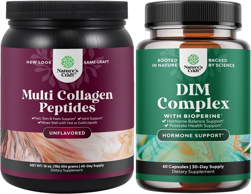 [BRSRAZIDOUORUYLK] Natures Craft Bundle of Multi Collagen Protein Powder for Women and Men - Hair Skin and Nails Vitamins and DIM Complex Men and Womens Hormone Balance Supplement