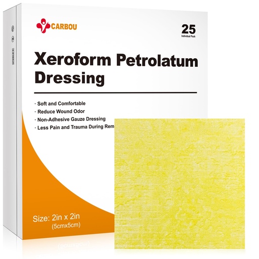 [BRSROHQNAAIAE334] Carbou Medical Xeroform Petrolatum Dressing 2"x2", 25 Individual Pack, Non-Adherent Gauze Pads, Soft Fine Mesh Gauze Patch for Wound Care, Burns, Lacerations, Skin Grafts & Surgical Incisions