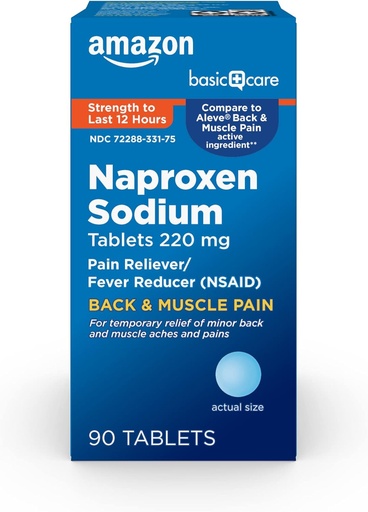 [BRSWGHYFBEIQ4YA7] Basic Care Back and Muscle Pain, 220 mg, 12 órás fájdalom enyhítés, Naproxen Nátrium- tabletták, fájdalom enyhítő és láz csökkentő, 90