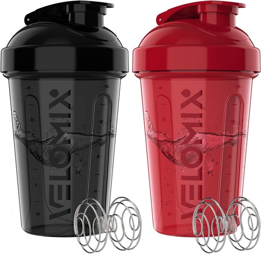 [BRSRAGQNOF7AEA34] VELOMIX -2 Pack- 20 oz Protein Shaker Bottles for Protein Mixes - 2x Wire Whisk | Leak Proof Shaker Cups for Protein Shakes and Pre Workout | Protein Shaker Bottle Pack (Black/Red)