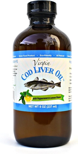 [BRSWIFA7OZ5AMCD6] Virgin Cod Liver Oil - 8 Fl oz Natural, Sustainably sourced, Wild Caught & Fresh Tasting. High in Vitamin D, Omega 3 DHA/EPA (Lemon and Peppermint Flavored)