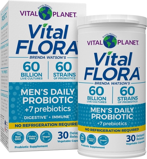 [BRSWGAY5DEPGMFY7] Vital Planet - Vital Flora Probiotiká pre mužov, 60 miliárd CFU, 60 rôznych kmeňov, 7 Organické prebiotiká, Muži a každodenný police Stabilné probiotiká pre imunitnú podporu, Relief plynu, Tráviace zdravie 30 Kapsule
