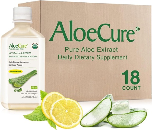 [BRSW2ZLQCMNRMFDG] AloeCure USDA 有机Aloe Vera Juice Lemon Flavor - 在收获12小时内制作 - 平衡胃酸的自然消化补充 - 支持消化和免疫健康,18 Btls x 16.7oz