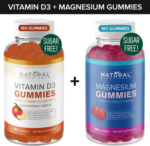 [BRSROAI5A4AWA3IU] Sugar Free Vitamin D3 K2 Gummies (180 Gummies) and Sugar Free Extra Strength Magnesium Gummies (180 Gummies), Vitamin D3 Gummies 5000 IU+K2 MK7 80 mcg, Magnesium Citrate Gummies 500 mg