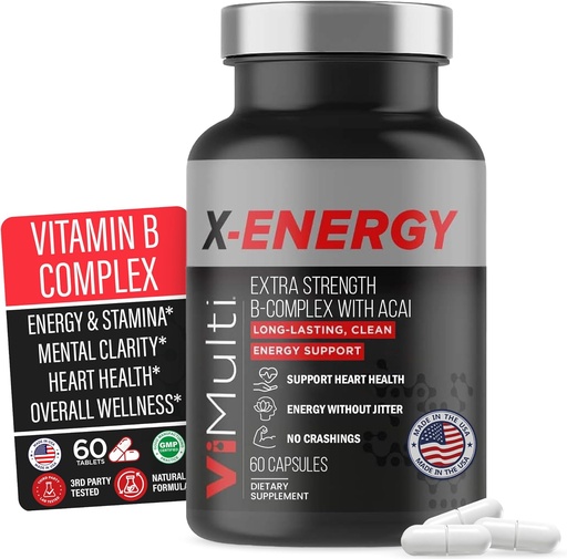 [BRSWIFAHCQPRYYLI] Caffeine & Vitamin B12 ilə X-Energy Extra Strength B Kompleksi - B1, B2, B3 Niacin, B6, Folic Acid, Biotin, B5, Taurine, Ginseng, Rhodiola, Maca, Acai & Spirulina - 60 Kapsüls