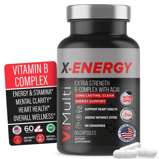 [BRSWIFAHCQPRYYLI] ViMulti X-Energy Vitamin B Complex Capsules with Caffeine, Taurine, Magnesium, Acai Extract, Ginseng, Rhodiola, Maca, Spirulina, Tongkat Ali, B1 B6 B12 Folate Dietary Supplement- 60 Capsules