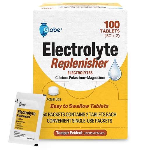 [BRSROHQ2OEMB6DL2] Globe Electrolyte Replacement Tablets for Rehydration, Exercise Recovery, Youth & Adult Athletes, Hiking, Camping, & Sports Recovery and More... 50 Packets of 2 Tablets Each, 100 Count