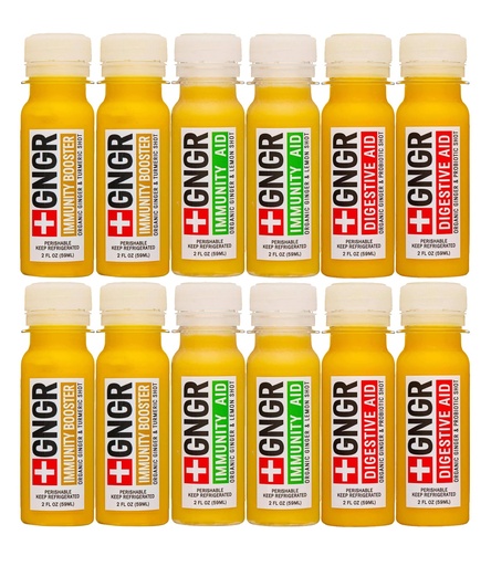 [BRSW2EIFAQNGK332] +GNGR 12 Shots Variety Pack of Organic Ginger Shots. Cold Pressed, Preservative free. Ginger Juice, Turmeric Root, Lemon & Orange Juice, Caynne Pepper. 2fl oz (Pack of 12)