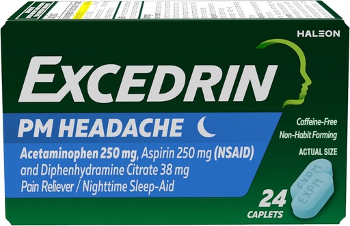 [BRSWKZIZOEIRGEY7] ראש הממשלה עבור כאבי ראש, Acetaminophen 250 מ"ג, Aspirin 250mg, Diphenhydramine Citrate 38 מ"ג, כאב Reliever, Nighttime Sleep-Aid, 24 Count Count