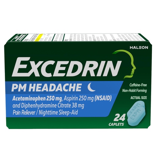 [BRSWKZIZOEIRGEY7] Excedrin PM for Headache Relief, Acetaminophen 250mg, Aspirin 250mg, Diphenhydramine Citrate 38mg, Pain Reliever, Nighttime Sleep-Aid, 24 Count