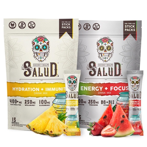 [BRSROAD5AR4AOYA4] Salud 2-Pack | 2-in-1 Hydration + Immunity (Pineapple) & Energy + Focus (Strawberry Watermelon) – 15 Servings Each, Agua Fresca Drink Mix, Non-GMO, Gluten Free, Vegan, Low Calorie, 1g of Sugar