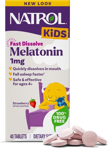 [BRSWGAYQOF6REYLF] Natrol Kids Fast Dissolve Melatonin 1 mg, Suplemento dietético para el descanso, tabletas de sueño para niños, 40 tabletas de melatonina con sabor a fresa, 40 días de suministro