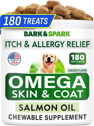 [BRSWYAY2BB4BOADL] BARK&SPARK Omega 3 for Dogs - 180 Fish Oil Treats for Dog Shedding, Skin Allergy Chews, Itch Relief, Hot Spots Treatment - Joint Health - Skin and Coat Supplement - EPA & DHA Fatty Acids - Salmon Oil