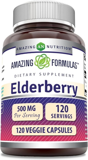 [BRSWYAQ7CQCBUELK] Amazing Formulas Elderberry Supplement | 500 Mg Per Serving | 120 Veggie Capsules | 10:1 Concentrate | Non-GMO | Gluten-Free | Made in USA