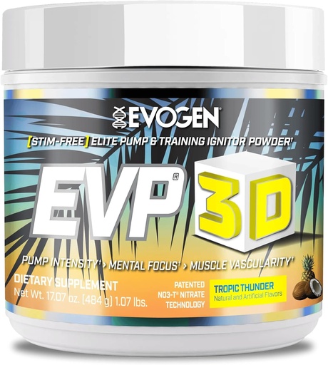 [BRSWYYYCAF7RSA3D] Evogen EVP 3D - Lan-ordurik gabeko hautsak gizon eta emakumeentzat | Sugar Free Non Stim Preworkout Beta Alanine eta Creatine for Energy & Pump | Tropic Thunder | 40 zerbitzari