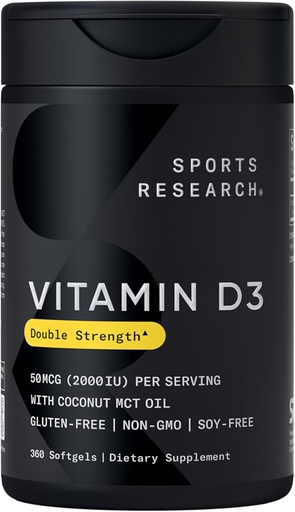 [BRSWKZI5AIOGOALA] Investigación Deportiva Vitamina D3 2000 UI con aceite de MCT de coco - Suplemento de vitamina D de doble fuerza - No GMO Verificado, Gluten &amp; Soy Gratis – 50mcg, 360 Softgels líquidos