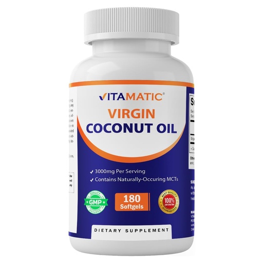 [BRSRAGT2OYCGEH37] Vitamatic Virgin Coconut Oil Softgels, 3000 mg Per Serving, 60 Servings, 180 Count, Non-GMO, Gluten Free