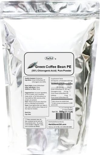 [BRSWIGLQDMHAIHQ3] Green Coffee Bean Extract Powder, Standardized 50% Chlorogenic Acid (500 Grams (1.1 lb))