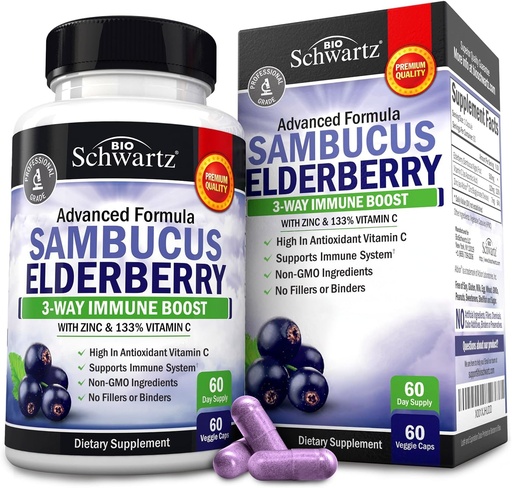 [BRSWGGAHORYWYDT3] Elderberry Capsules con zinc y vitamina C para adultos - Immune Support Vitaminas para Mujer y Hombre - Black Sambucus Elderberry Vitamina C y Zinc - Immune Defense Multiminerals Suplemento, 60 Conde