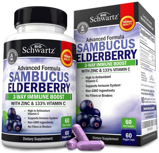 [BRSWGGAHORYWYDT3] Elderberry Capsules with Zinc and Vitamin C for Adults - Immune Support Vitamins for Women and Men - Black Sambucus Elderberry Vitamin C and Zinc - Immune Defense Multiminerals Supplement, 60 Count