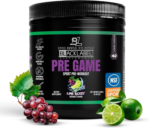 [BRSRAAIKBYIG2D3P] BLACKLABEL은 PRE-Game Pre Workout Powder, Lime Rickey (40 서빙)을 보충합니다. NSF는 스포츠에 대한 인증 - 에너지 및 초점을위한 사용자 정의 150mg 카페인 - 남성과 여성을위한 낮은 자극적 사전 운동