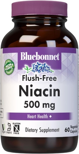[BRSWIYQZBQPB6FA7] Bluebonnet Nutrition Flush-Free Niacin 500mg, for Nutritional Cardiovascular Support*, Soy-Free, Gluten-Free, Non-GMO, Kosher Certified, Dairy-Free, Vegan, 60 cápsulas vegetales, 60 prestaciones