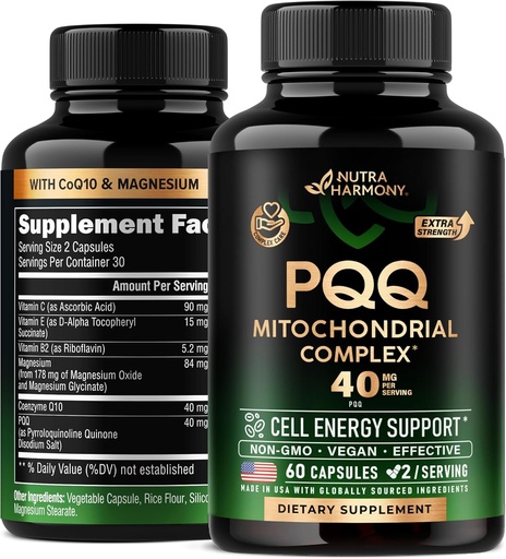 [BRSRA2T6AACWEC3G] PQQ 40 mg - PQQ with CoQ10 Supplement - Mitochondria Biogenesis & Cellular Energy Production - with Magnesium, Vitamins C, E & B2 - Pure & Highly Bioavailable | Lab Tested - Made in USA - 60 Capsules