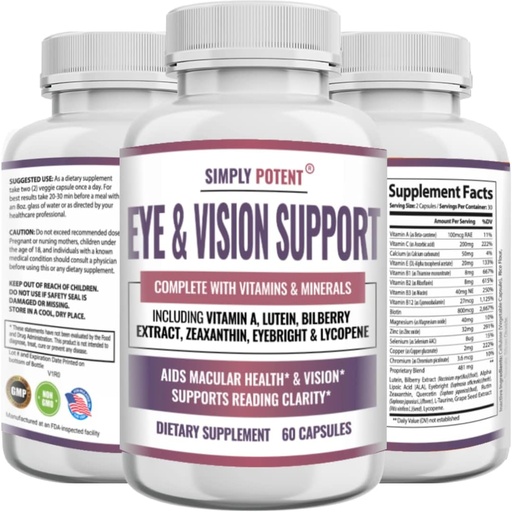 [BRSW2H36CANAOE3A] Lutein & Zeaksantiini Silmien terveys täydentää aikuisille, Natural Eye & Vision Formula w/Vitamin A, Lutein, Zeaksantiini, Bilberry Extract, Eyebright & Lycopene for Retina & Lens 60 Caps