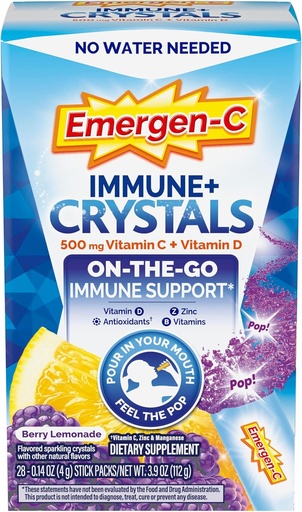 [BRSRAZDYDJ6RO3TH] Emergen-C Immune Plus Crystals, On-The-Go Immune Support Supplement with Vitamin C, Vitamin D, B Vitaminas, Zinc y Manganese, Berry Lemonade, Back to School Essentials - 28 Stick Packs