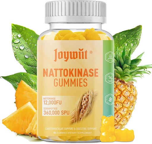 [BRSRAGL5CMNBYCA7] Nattokinase Gummies 12,000 FU, Serrapeptase Gummies 360,000 SPU Enzyme Supplement with Bromelain Papain & Inulin for Circulatory, Gut, Digestion Support, Vegan, Non GMO, 60 Counts