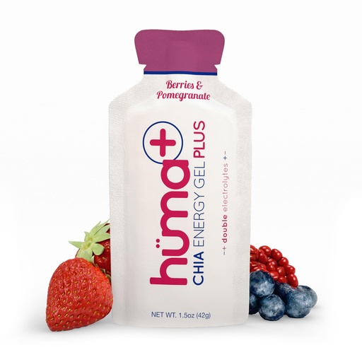 [BRSWKEYBOADRYADG] Huma Plus (Double Electrolytes) - Chia Energy Gel, Berries & Pomegranate, 12 Gels - Stomach Friendly, Real Food Energy Gels