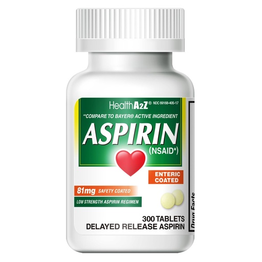 [BRSWGEAKOUBGE2DX] HealthA2Z® Aspirin 81 mg | Low Strength | Enteric Coated | Pain Relief | Reduces Minor Aches Muscle Pain & Cramps | Fever Reducer | Reduces Headache (300 Counts)