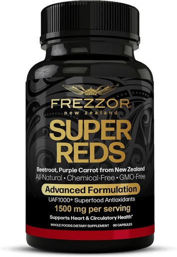 [BRSWYGD4DMHBAFI4] FREZZOR Super Reds Capsules with UAF1000+, All-Natural New Zealand Red Superfood Energy, Essential Red Fruits Veggies& Beets, Antioxidants, Enzymes, Energy Supplements, 90 Capsules, 1 Bottle