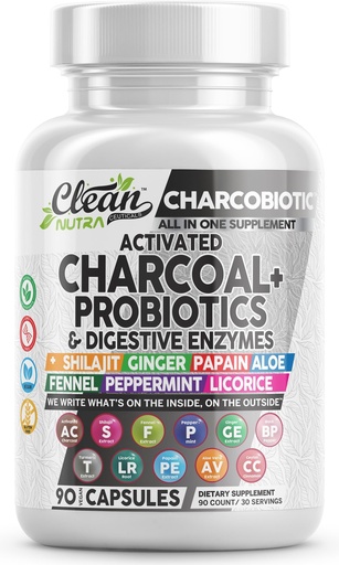 [BRSROELRB5YAO2YZ] Activated Charcoal Pills for Gas Relief and Debloat, CharcoBiotic with Probiotics Digestive Enzymes Shilajit Peppermint Fennel Ginger Turmeric Licorice Root Aloe Vera Ceylon Cinnamon, Clean Nutra 90ct