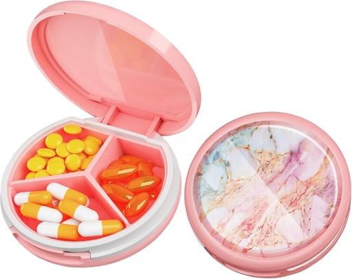 [BRSRMFLRAR5BSDI2] Serfeymi Malé Pill Box - 3 Compartments Přenosný Pill Box pro kabelky, Kompaktní Mini cestovní Pill Pouzdro - Vhodné pro medicínu, Vitamin, Rybí olej, doplňky - Růžová (Mramor)