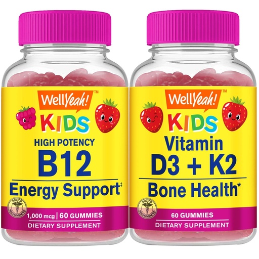 [BRSROEA5OEPRE23P] WellYeah Vitamin B12 Kids + Vitamin D3+K2 Kids, Gummies Bundle - Great Tasting, Vitamin Supplement, Gluten Free, GMO Free, Chewable Gummy